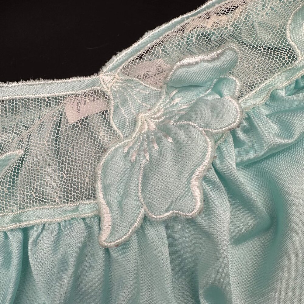 Vintage Nightgown Pajamas Aqua Nylon Lace Ruffle Sleeves Miss Elaine USA Medium - Picture 4 of 11